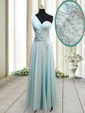 Ankle Length Light Blue Prom Gown One Shoulder Sleeveless Side Zipper