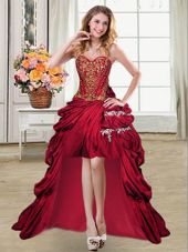 Nice High Low Wine Red Pageant Dress for Teens Taffeta Sleeveless Beading and Appliques and Pick Ups