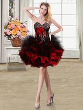 Vintage Sweetheart Sleeveless Casual Dresses Mini Length Beading and Ruffles and Hand Made Flower Red Organza and Tulle