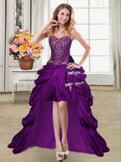 Purple Sleeveless Beading and Appliques and Pick Ups High Low Cocktail Dresses