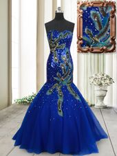 Blue Mermaid Tulle Sweetheart Sleeveless Beading and Appliques and Sequins Lace Up Homecoming Dress Brush Train