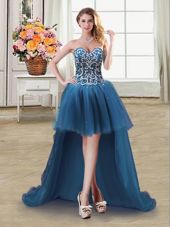 Noble Sweetheart Sleeveless Party Dress Wholesale High Low Beading and Sequins Teal Tulle