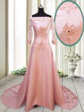 Decent Square Long Sleeves With Train Zipper Prom Dresses Peach and In for Prom and Party with Beading and Appliques Brush Train