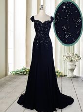 Excellent Straps Straps Navy Blue Zipper Prom Party Dress Beading Cap Sleeves Brush Train