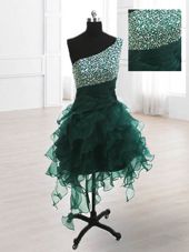 Sumptuous One Shoulder Knee Length A-line Sleeveless Peacock Green Homecoming Dress Online Lace Up