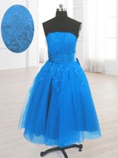 Nice Knee Length Blue Club Wear Organza Sleeveless Embroidery