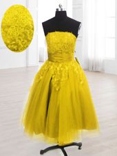 Modest Sleeveless Knee Length Embroidery Lace Up Party Dress for Toddlers with Yellow