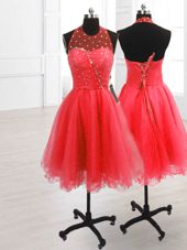 Watermelon Red Organza Lace Up Homecoming Party Dress Sleeveless Knee Length Sequins