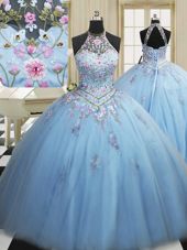 Glamorous Light Blue Tulle Lace Up High-neck Sleeveless Floor Length 15th Birthday Dress Embroidery