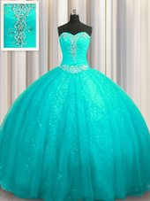 Aqua Blue Lace Up Sweetheart Beading and Appliques Quinceanera Gowns Organza and Sequined Sleeveless Court Train