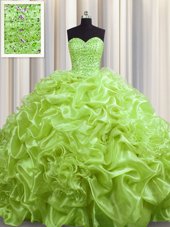 Admirable Yellow Green Quince Ball Gowns Military Ball and Sweet 16 and Quinceanera and For with Beading and Pick Ups Sweetheart Sleeveless Court Train Lace Up