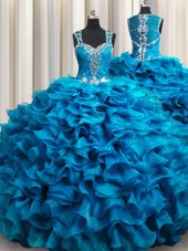 Zipple Up See Through Back Teal Ball Gowns Beading and Ruffles Sweet 16 Dress Zipper Organza Sleeveless Floor Length