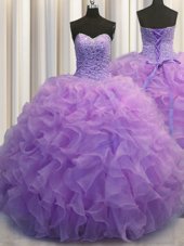 Floor Length Lace Up Quince Ball Gowns Lavender and In for Military Ball and Sweet 16 and Quinceanera with Beading and Ruffles