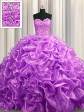 Pick Ups Lilac Sleeveless Organza Court Train Lace Up 15th Birthday Dress for Military Ball and Sweet 16 and Quinceanera