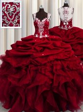 Sweet See Through Sleeveless Beading and Ruffles and Sequins Zipper Quince Ball Gowns