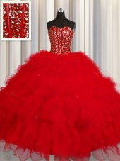 Dynamic Visible Boning Ball Gowns Sweet 16 Dress Red Sweetheart Tulle Sleeveless Floor Length Lace Up