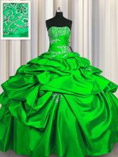 Strapless Sleeveless Sweet 16 Quinceanera Dress Floor Length Appliques and Pick Ups Green Taffeta