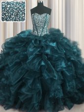 Visible Boning Bling-bling Brush Train Ball Gowns Quinceanera Dresses Teal Sweetheart Organza Sleeveless With Train Lace Up