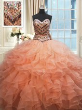 Beaded Bodice Peach Sleeveless Organza Lace Up Sweet 16 Quinceanera Dress for Military Ball and Sweet 16 and Quinceanera