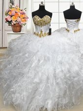 Chic White Lace Up 15 Quinceanera Dress Beading and Ruffles Sleeveless Floor Length