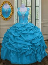 Sophisticated Pick Ups Ball Gowns Quinceanera Dresses Aqua Blue Straps Taffeta Sleeveless Floor Length Lace Up