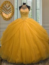 Suitable Halter Top Gold Sleeveless Beading Floor Length Vestidos de Quinceanera