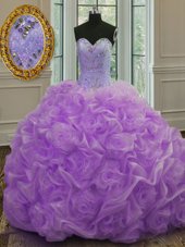 Lavender Organza Lace Up Ball Gown Prom Dress Sleeveless Sweep Train Beading