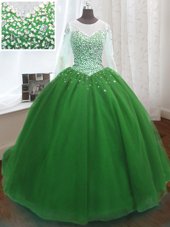 Scoop Long Sleeves Sweep Train Beading and Sequins Lace Up Quinceanera Dress