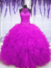 Colorful Fuchsia Lace Up High-neck Beading and Ruffles Quince Ball Gowns Organza Sleeveless