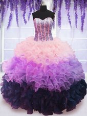 Ruffled Multi-color Sleeveless Organza Lace Up Quinceanera Gowns for Military Ball and Sweet 16 and Quinceanera