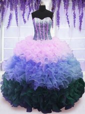 Romantic Sleeveless Organza Floor Length Lace Up Quinceanera Gown in Multi-color for with Beading and Ruffles and Ruffled Layers