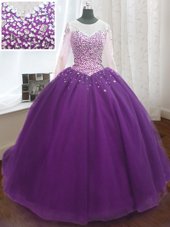 Purple Scoop Lace Up Beading and Sequins Quinceanera Dresses Sweep Train Long Sleeves