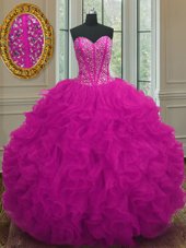 Popular Fuchsia Sleeveless Organza Lace Up Quinceanera Dresses for Military Ball and Sweet 16 and Quinceanera