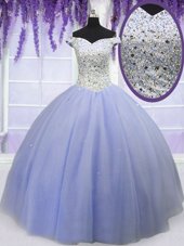 Lavender Off The Shoulder Lace Up Beading Sweet 16 Dresses Short Sleeves