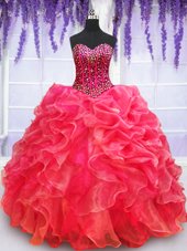 Dynamic Red Ball Gowns Organza Sweetheart Sleeveless Beading and Appliques and Ruffled Layers Floor Length Lace Up Sweet 16 Dresses