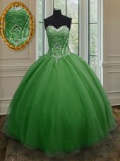 Organza Sweetheart Sleeveless Lace Up Beading and Ruching Ball Gown Prom Dress in Dark Green