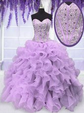 Lavender Sleeveless Floor Length Beading and Ruffles Lace Up Quinceanera Gowns