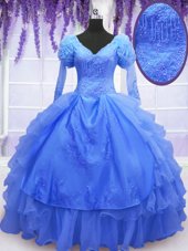 Most Popular Blue Lace Up One Shoulder Beading and Embroidery and Hand Made Flower Sweet 16 Quinceanera Dress Organza Long Sleeves