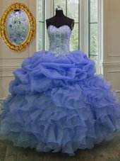 Blue Ball Gowns Organza Sweetheart Sleeveless Beading and Pick Ups Floor Length Lace Up Ball Gown Prom Dress