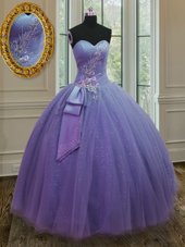 Lavender Sleeveless Tulle and Sequined Lace Up 15 Quinceanera Dress for Military Ball and Sweet 16