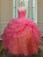 Sleeveless Organza Floor Length Lace Up Sweet 16 Quinceanera Dress in Pink for with Embroidery and Pick Ups