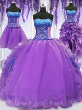 Custom Fit Four Piece Floor Length Lavender Sweet 16 Dresses Strapless Sleeveless Lace Up