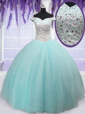 Custom Design Off the Shoulder Floor Length Ball Gowns Short Sleeves Light Blue Quinceanera Gowns Lace Up