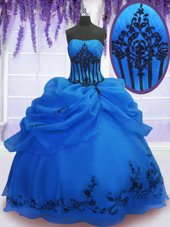 Blue Strapless Lace Up Embroidery Vestidos de Quinceanera Sleeveless