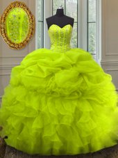 Latest Yellow Green Ball Gowns Organza Sweetheart Sleeveless Beading and Ruffles and Pick Ups Floor Length Lace Up Quinceanera Gown