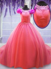 Fabulous Watermelon Red Tulle Lace Up Scoop Short Sleeves 15th Birthday Dress Court Train Hand Made Flower