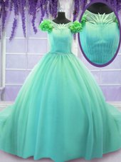 Scoop Turquoise Tulle Lace Up Quinceanera Gown Short Sleeves Court Train Hand Made Flower