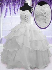 Affordable Ruffled Silver Sleeveless Organza Lace Up Quince Ball Gowns for Military Ball and Sweet 16 and Quinceanera