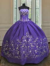 Sleeveless Satin Floor Length Lace Up Quinceanera Gowns in Purple for with Embroidery