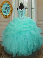 Straps Straps Floor Length Zipper Quinceanera Dresses Apple Green and In for Military Ball and Sweet 16 and Quinceanera with Beading and Ruffles